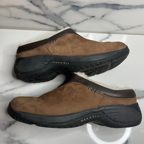 Merrell Women's Brown Leather Faux Fur Encore Slide Sure Grip Nubuck Shoes Sz 7 - Picture 7 of 8